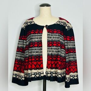 DN Design Pleated Cropped Open Front Jacket, Red Black Geometric Design, 24W